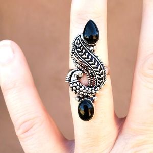 New Black Onyx 925 Silver Peacock Ring.